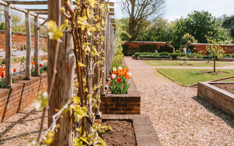 Gartenweg aus Kies mit Beeten